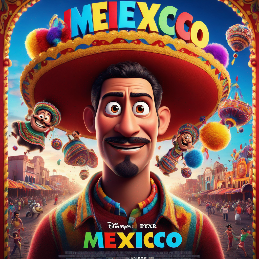 breathtaking 3D animated movie poster in the style of Pixar with a man at the center and a mexico carnival in the background
