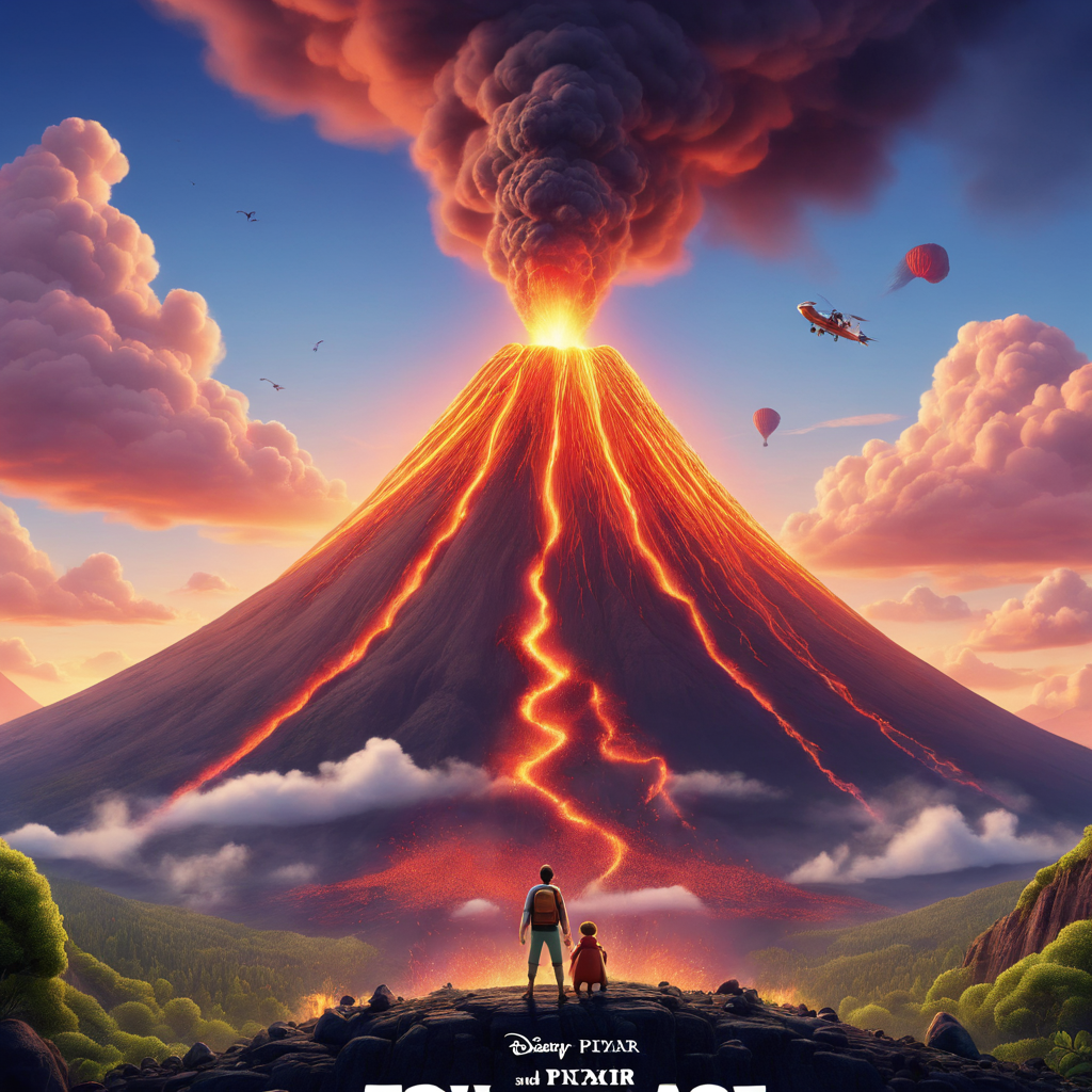 breathtaking 3D animated movie poster in the style of Pixar with a man at the center and a volcano in the background