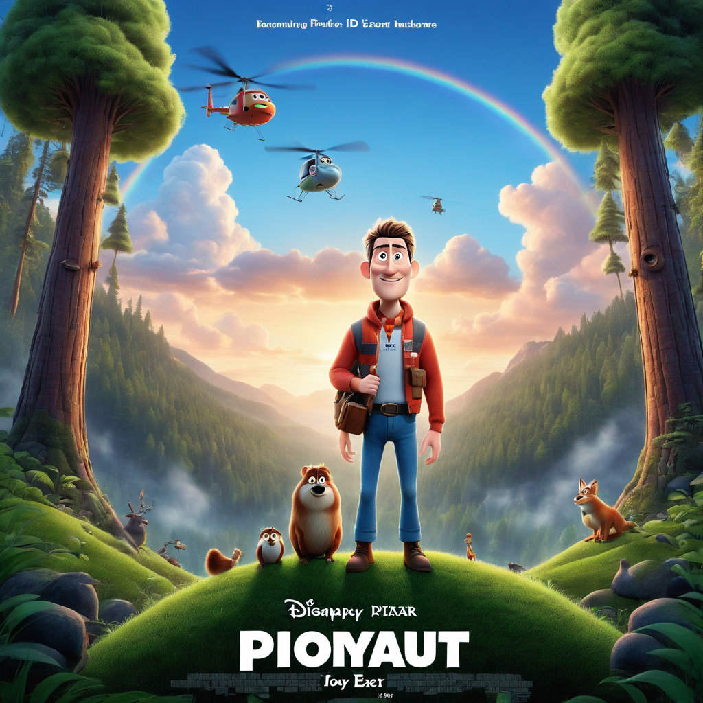 breathtaking 3D animated movie poster in the style of Pixar with a man at the center and forest in the background
