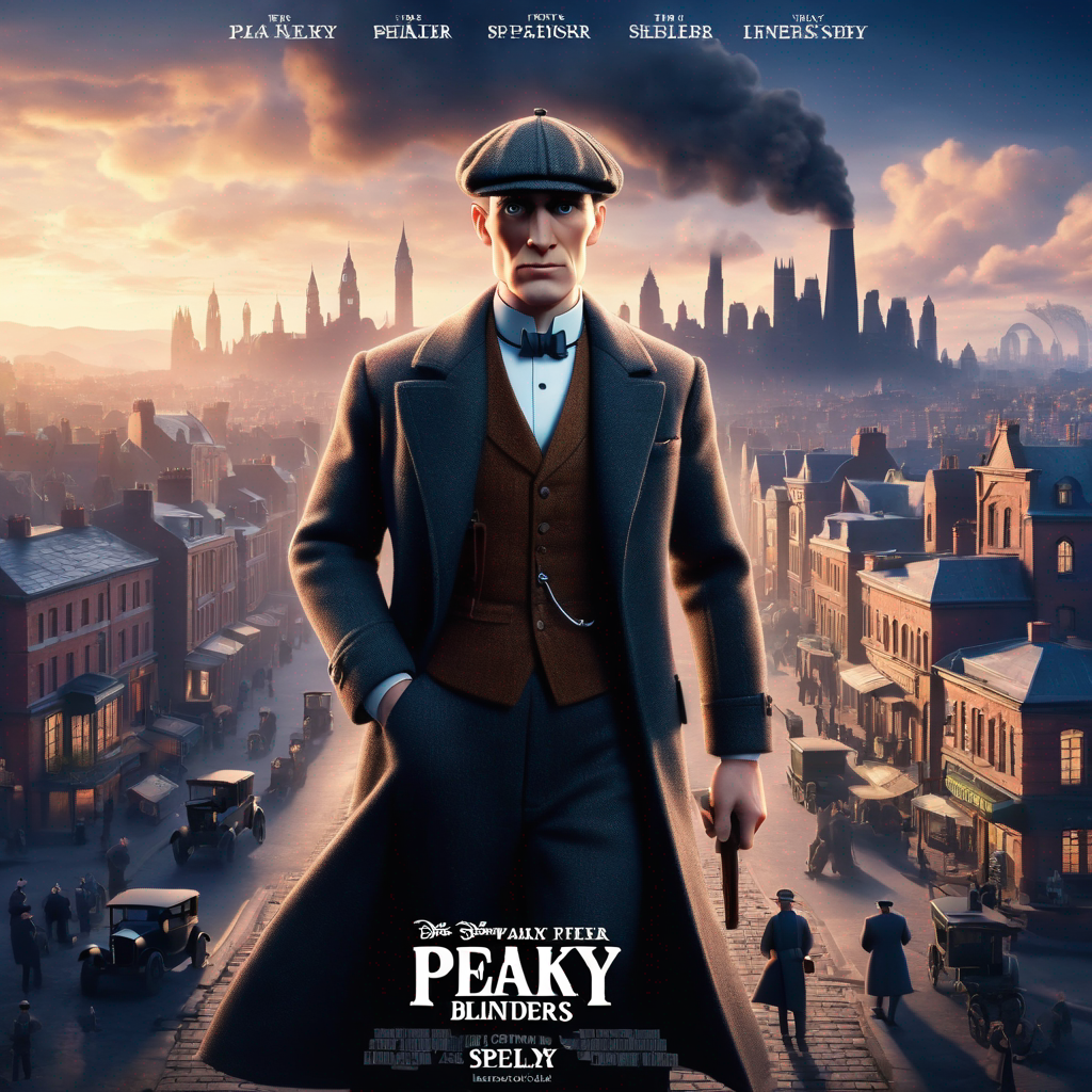 breathtaking 3D animated movie poster in the style of Pixar with thomas shelby peaky blinders at the center and 1920 city in the background