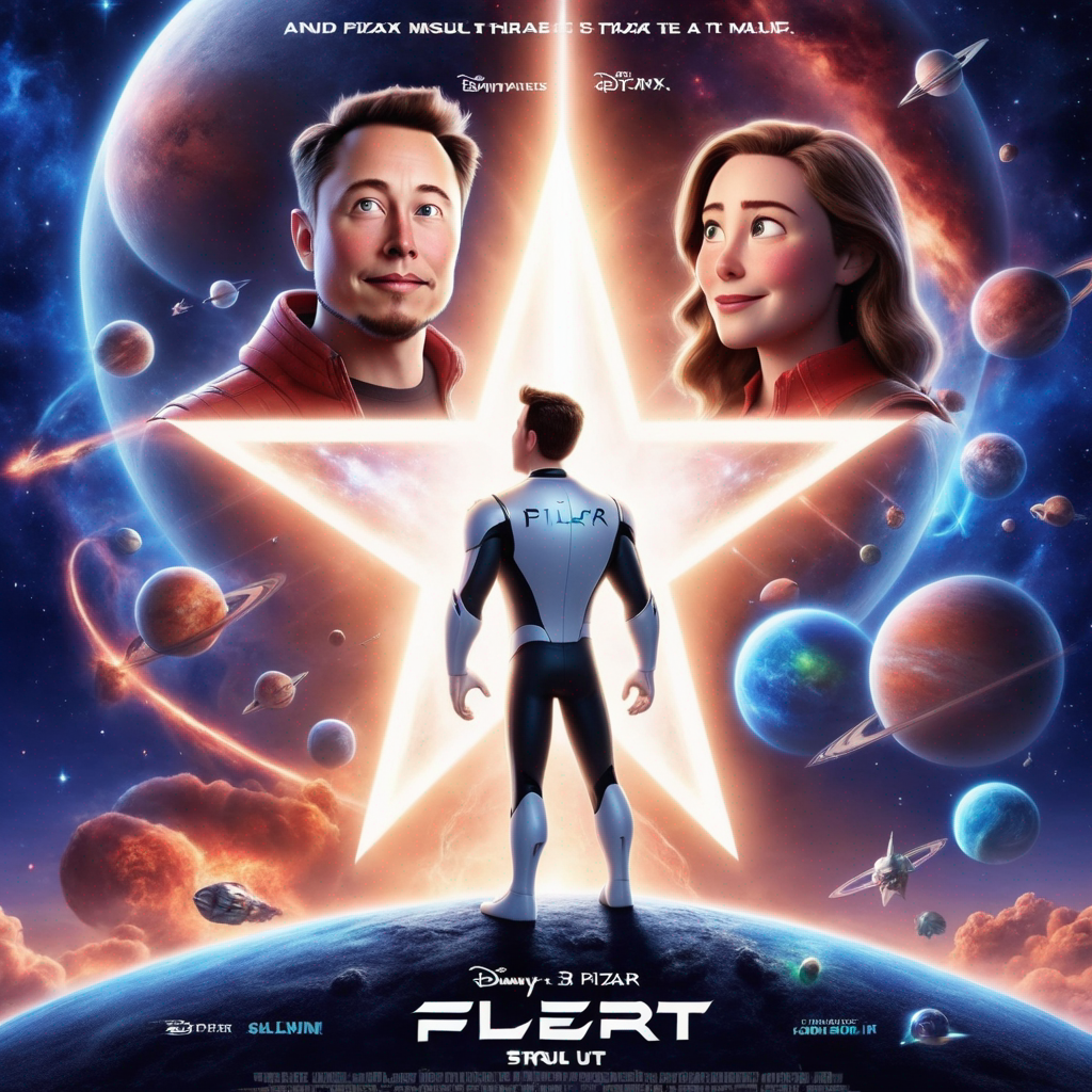 breathtaking 3D animated movie poster in the style of Pixar with Elon Musk at the center and galaxy space in the background