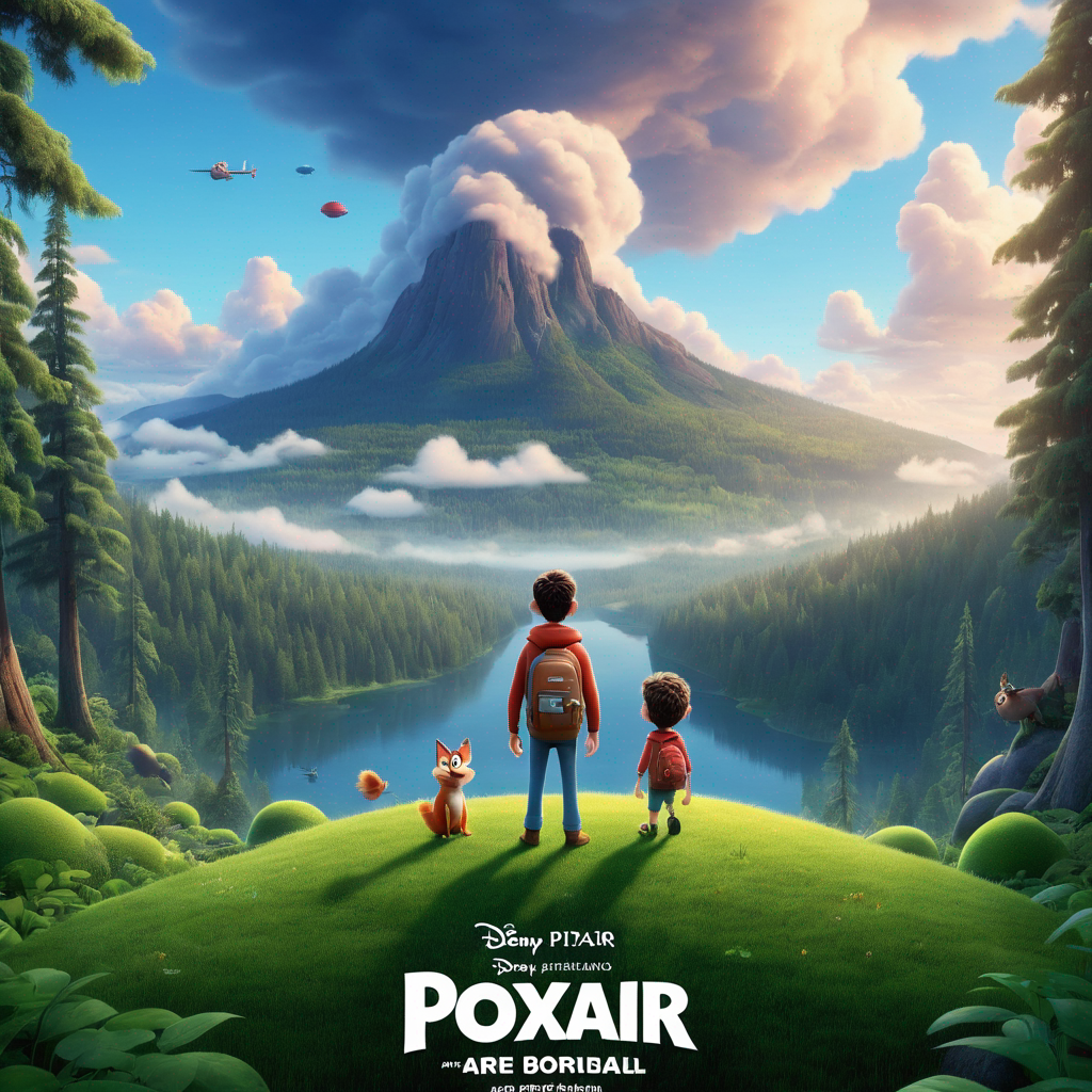 breathtaking 3D animated movie poster in the style of Pixar with a man at the center and forest in the background