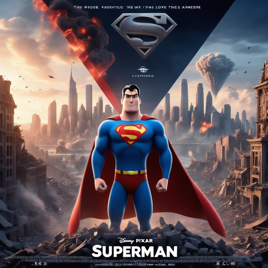 breathtaking 3D animated movie poster in the style of Pixar with superman at the center and a destroyed city in the background